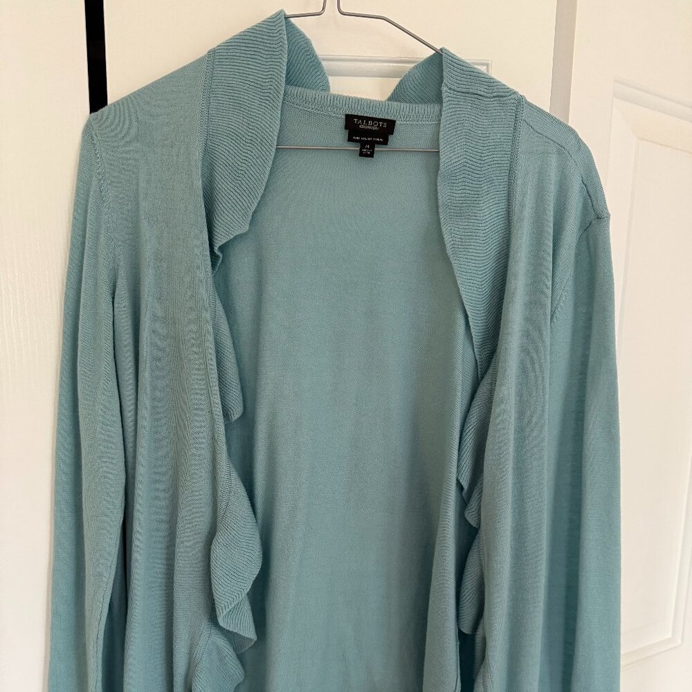 Talbots Womens Blue Cardigan with Ruffle Detail Size Medium